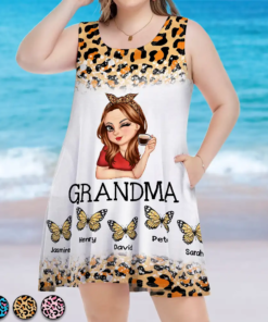 Mom Grandma Kids Butterflies Leopard Pattern - Personalized Sleeveless Tank Dress